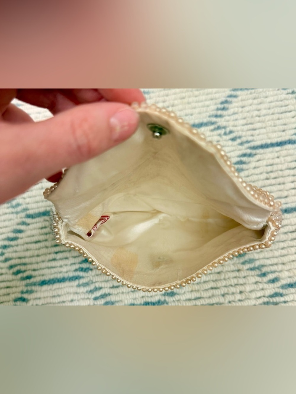 RICCI Vintage 50’s/60’s Creamy Faux Pearl Chevron Beaded Envelope Clutch Purse - Picture 12 of 16